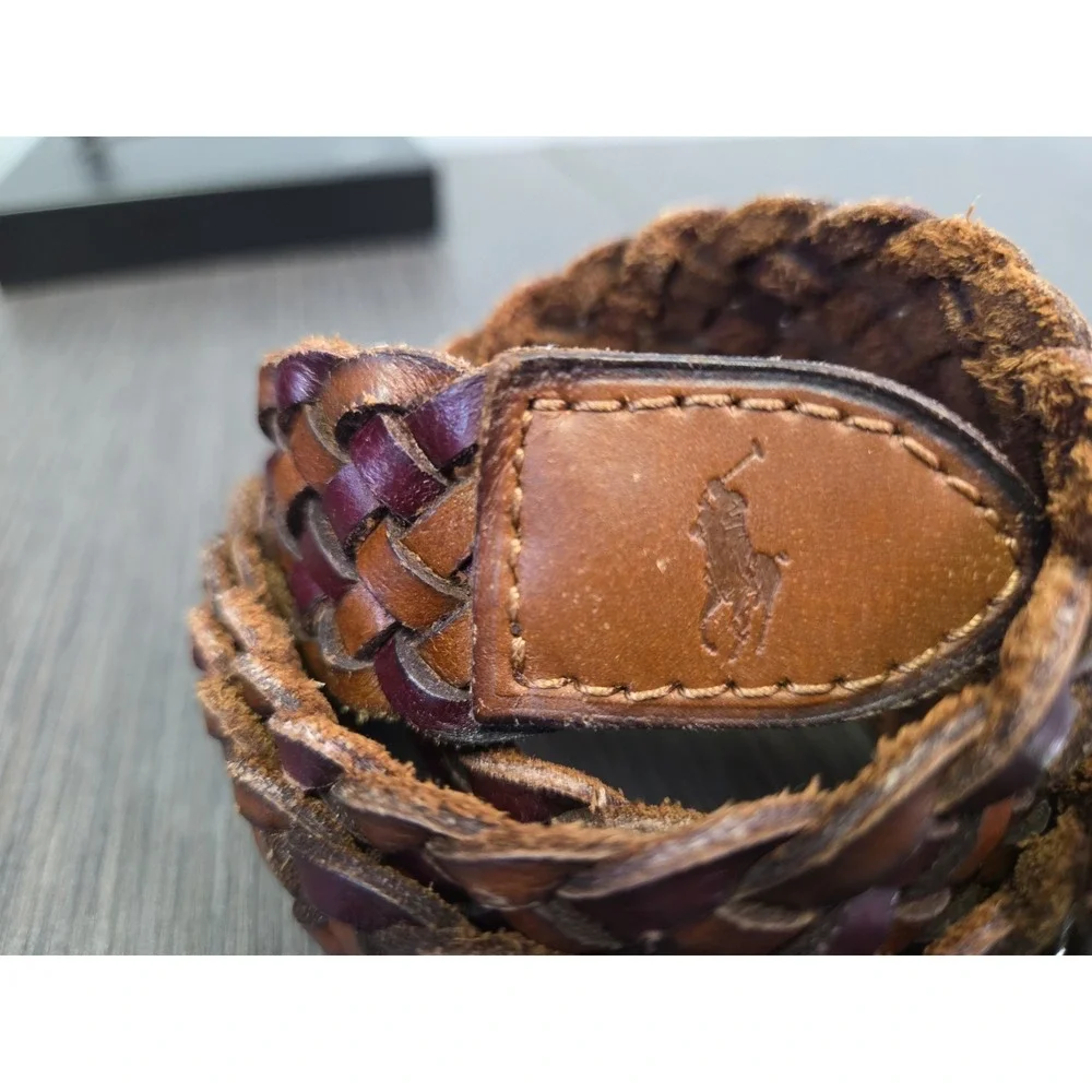 Polo Ralph Lauren Mens Braided Vachetta Leather Belt 32 Brown Silver Buckle LOGO